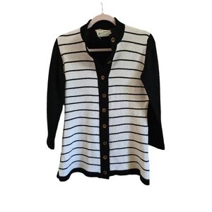 vintage sweater crewneck cardigan size small black white stripe 70s 80s